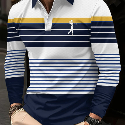 Men's long-sleeved striped polo shirt, men's high tie button, double-sided German velvet shirt for winter