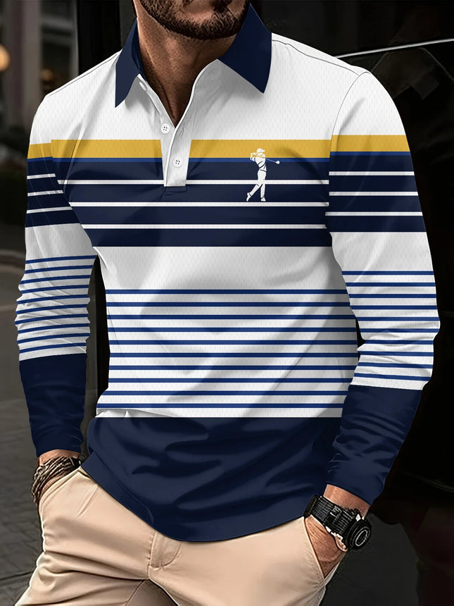 Men's long-sleeved striped polo shirt, men's high tie button, double-sided German velvet shirt for winter