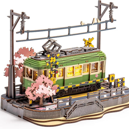 Robotime 3D Puzzles Sakura Journey DIY Model Building Toy with LED Light Wooden Craft Kits Tram Hobby for Kids Brain Teaser Gift