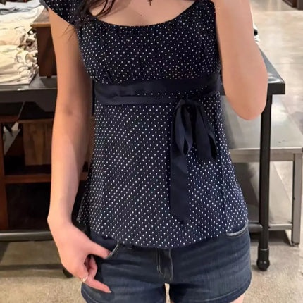 Blue Striped Folds Blouse Top Women New Casual Single Breasted Ruffle Sleeveless Tank Tops Vest Sweet Preppy Style Camisole Y2K