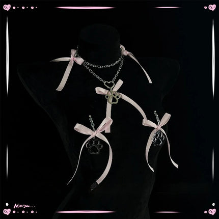 Bow Collar with Nipple Clamps Sexual Fantasy Accessories Anal Plug Leash Stimulation Chest Restraint Cat Claw Pendants Sex Toyss