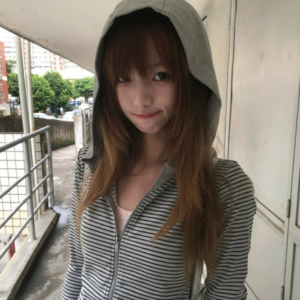 Tonngirls Y2k Japanese Hoodies Women Long Sleeve Striped Sweatshirt Streetwear American Striped Hoodies With Zipper E-girls