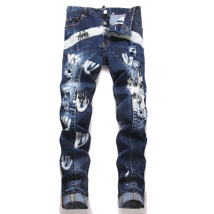 Men Letters Printed Denim Jeans Holes Ripped Patchwork Spliced Pants Button Fly Slim Tapered Stretch Trousers
