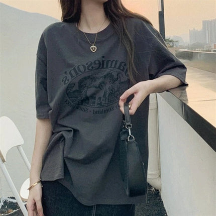Loose Cotton Short Sleeve T-Shirt Women's Style Lazy Fashion Design Half Sleeve Body Shirt Summer Season round Neck Plant Floral