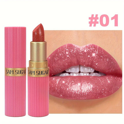 Coral Pearlescent Lipstick - Waterproof, Long-Lasting Shimmer Gloss with Golden Cap, Non-Sticky Formula, Easy Application