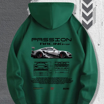 Men'S Passionate Racing Graphic Hoodie Featuring Race Cars and Sports Car Illustrations, Perfect for Everyday Wear