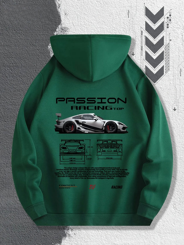Men'S Passionate Racing Graphic Hoodie Featuring Race Cars and Sports Car Illustrations, Perfect for Everyday Wear
