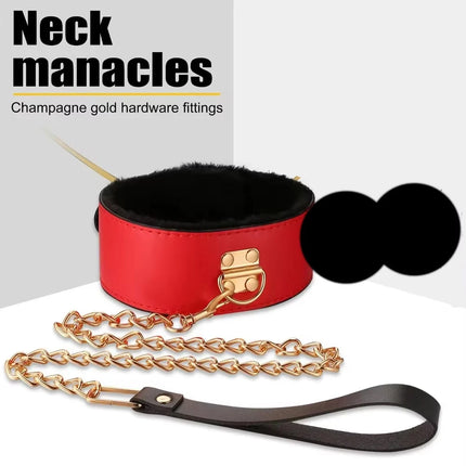 Erotic Bed Bondage Kits Slave Restraint Bondage Set Genuine leather Collar Mouth Gag Whips Handcuffs Adult Sex Toys For Couples