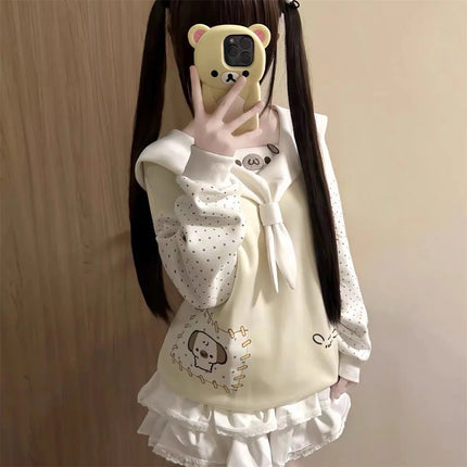 Japanese Kawaii Cartoon Dog Print Hoodies Women Sweet Sailor Collar Loose Sweatshirt Y2k Aesthetic Polka Dot Lolita Hoody Tops