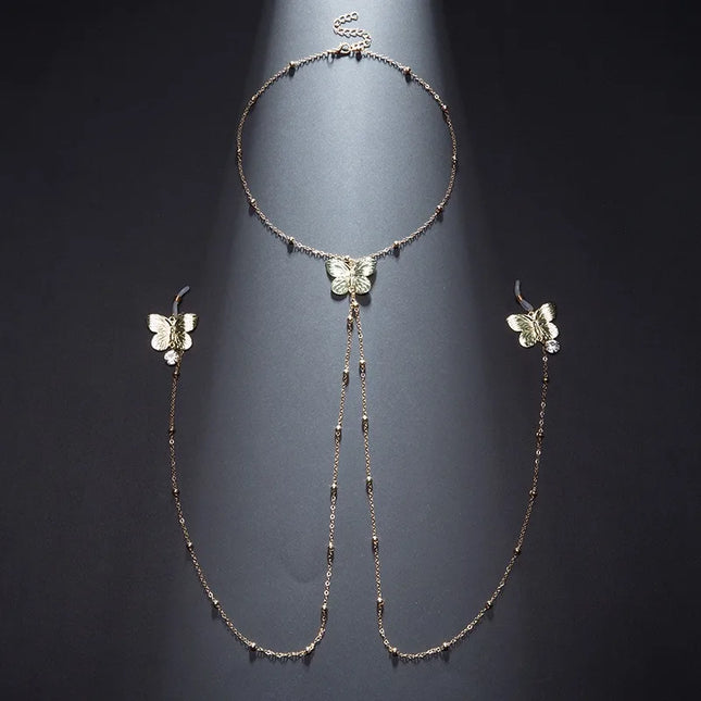 Sexy Butterfly Pendant Nipple Clamps Collar and Body Chain Combo Sexy Accessories for Women BDSM Training Fetish Adult Sex Toys