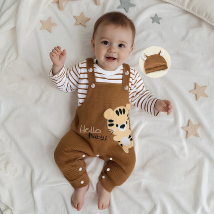 Pudcoco Baby Boy's Clothing Sets Fashionable Long Sleeve Striped Romper with Tiger Embroidered Overalls and Hat 3Pcs Outfits