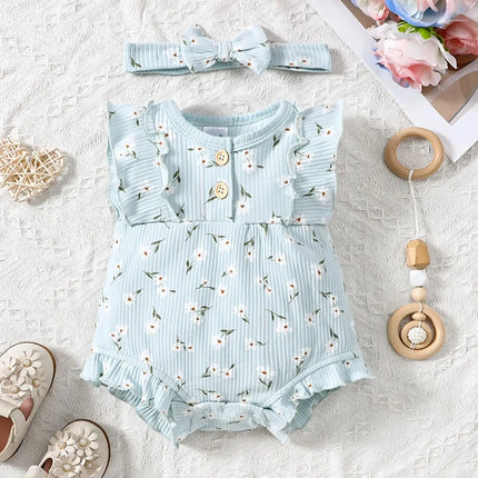 2PCS Summer Baby Girl Jumpsuit with Round Neck Butterfly Sleeve Design, Cute Sweet and Lively Princess Style Newborn Jumpsuit