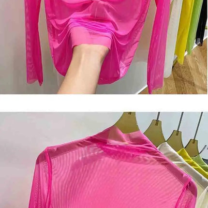 Transparent Gauze Base Layer T-shirt Women's Summer Long-Sleeved T-shirt with Gauze Half High Collar Sunscreen 2024