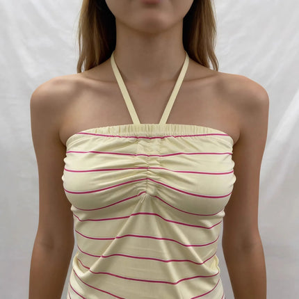Girls' style striped color matching retro pleated design neck vest slim backless sexy 2026 new stylish ladies spice vest