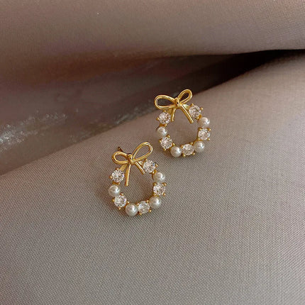 FTCY Minimalist Round Bow Knot Earrings For Women Rhinestone Imitation Pearl Stud Earrings Party Wedding Jewelry Gifts
