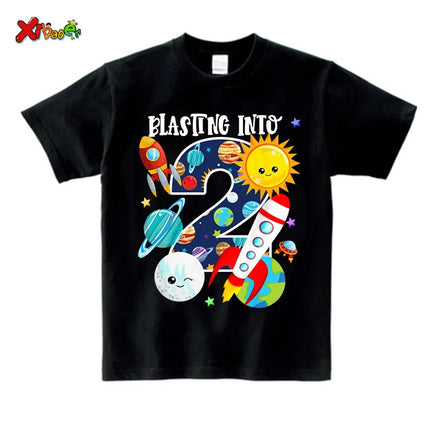 Boys Outer Space Birthday Shirts Girl Custom Outfit Rocket Children's Summer Cotton Top Clothing Set Clothes Children Clothing