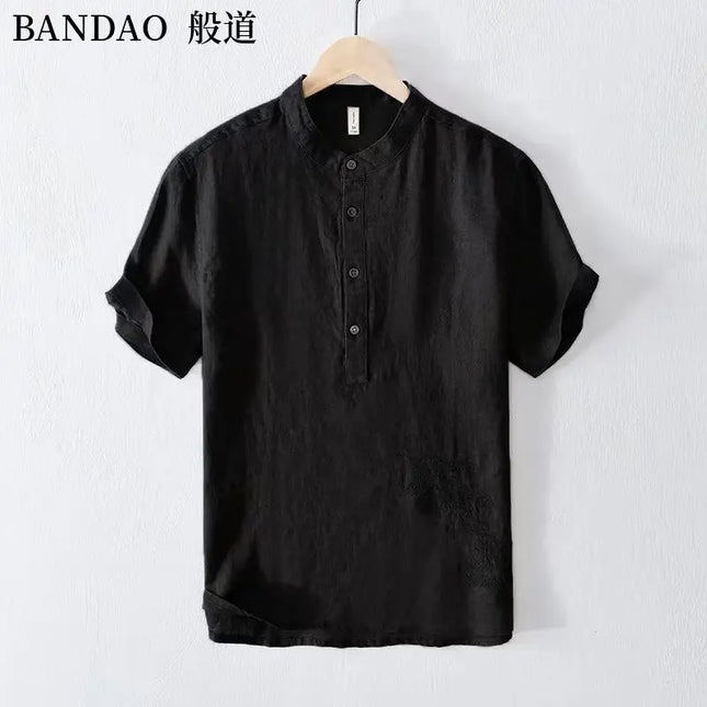 Chinese Style Spring and Summer Loose High-end Men's Linen Short-sleeved Cotton Linen Casual Breathable Shirt Collar T-shirt