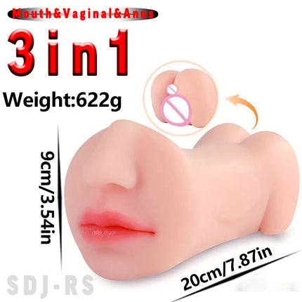 Realistic 3 in 1 Male Masturbator Cup Mouth Vagina Anal 3 Holes Deep Throat Blowjob Pocket Pussy Airplane Cup Sex Toy for Men