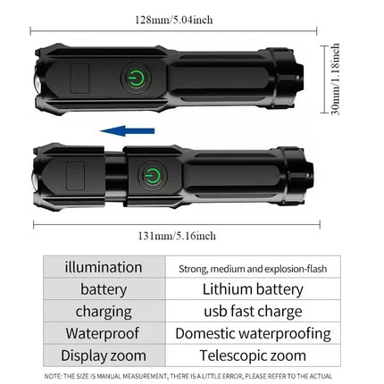 Powerful LED Flashlight Rechargeable USB Built-in Lithium Battery Waterproof Zoom Fishing Hunting Camping Tactical Flashlight