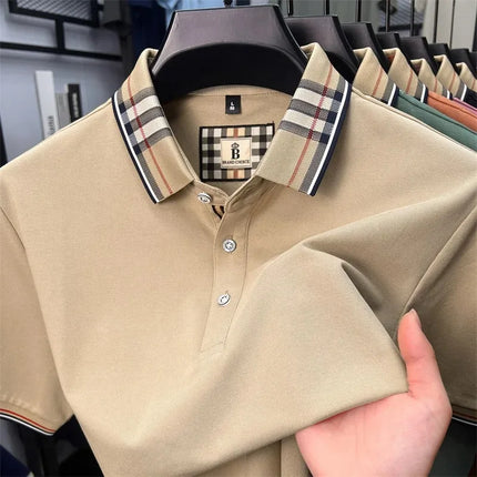 Luxury brand short sleeve polo shirt men's summer silk cotton comfortable breathable plaid lapel top fashion casual golf T-shirt
