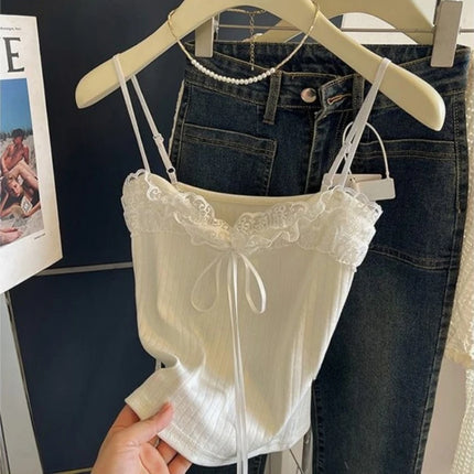 Sweet Lace Patchwork Crop Tank Top Female 2025 Women's Clothing Sling Slim Waist Tank Korean Summer Sexy Club Camis Ropa Mujer