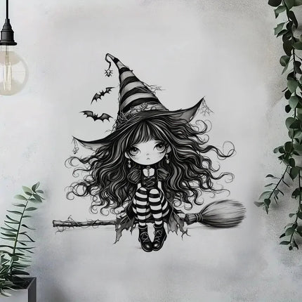 Whimsical Black Witch Self-Adhesive Wall Decal - Removable, Reusable PVC Sticker for Bathroom, Kitchen & Living Room Decor
