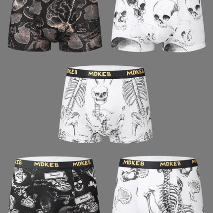 5-Pack Men's Mixed Hair Boxer Briefs with Popular Skull Print Mid-Waist Thin High Elastic Comfortable Men's Boxer Shorts