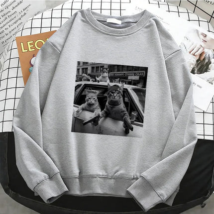 Streetwear Cat Crew Neck Hoodies Warm Fleece Sweatshirt Vintage Crew Neck Pullover Casual Female Clothes