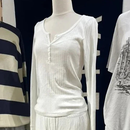 Six Buttons Ribbed Long Sleeve T-shirts Women Spring Round Neck Cotton Slim Tee Top Female Sweet Cute Pink Tshirt Y2k Tops New