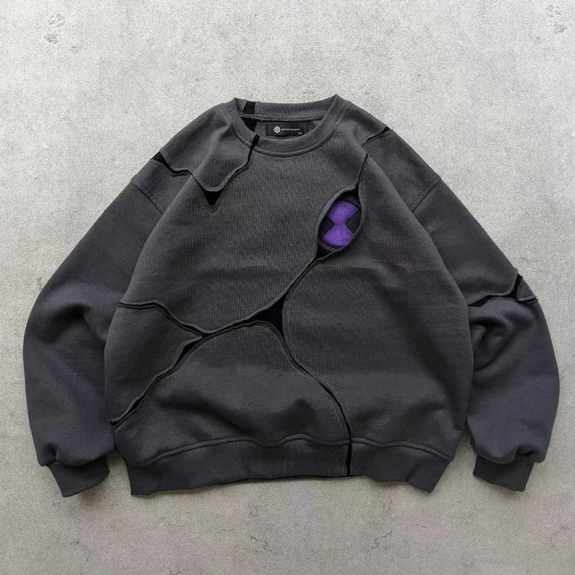 High Street Dark Purple Patchwork Vintage Loose Hoodie New Japanese Harajuku Anime Irregular Slit Design Loose Casual Couple Top