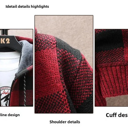 2023 Autumn/winter Fleece-lined Trendy Color Block Versatile Hooded Men's Cardigan Youth Outerwear Knitted Top For Men