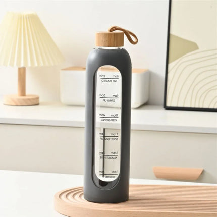 New 32oz 1L Time-marked Glass Water Bottles Bamboo Lid Free of Lead Motivational Sport Silicone Sleeve Portable Drink BottleGift