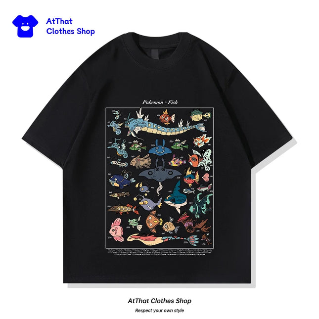 pokemon Fish Guide clothing, Japanese-style retro pure cotton loose summer short-sleeved T-shirt