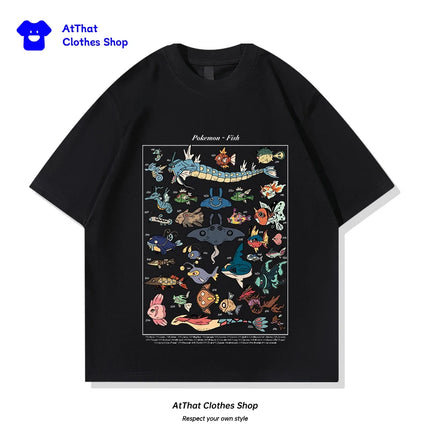 pokemon Fish Guide clothing, Japanese-style retro pure cotton loose summer short-sleeved T-shirt