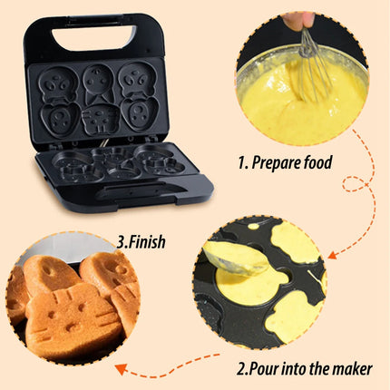 Animal Mini Waffle Maker 6 Animal Shaped Pancakes Breakfast Machine Non-Stick Waffler Iron Household for Kids Adults Fun Gift