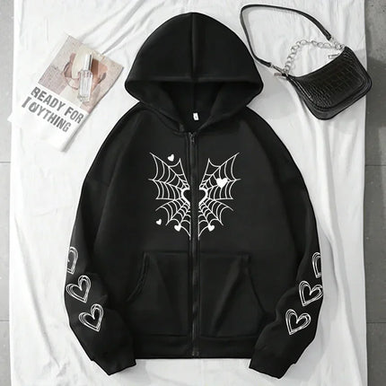 2025 Hot Sale Women's Hoodie Cute Spider Web Heart Print Zip-up Sweatshirt All Season Female Urban Casual Fashion Hooded Jackets