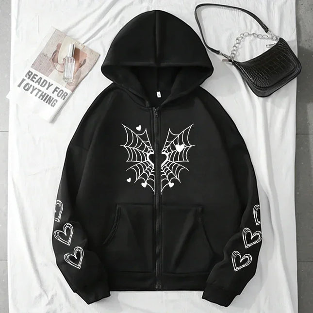 2025 Hot Sale Women's Hoodie Cute Spider Web Heart Print Zip-up Sweatshirt All Season Female Urban Casual Fashion Hooded Jackets