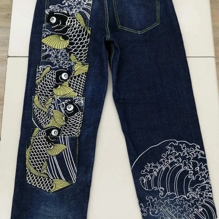 Vintage Japanese Selvedge Jeans Man Y2K High-end Brand Natural Indigo Dip Dyeing Harajuku Mopping Pants