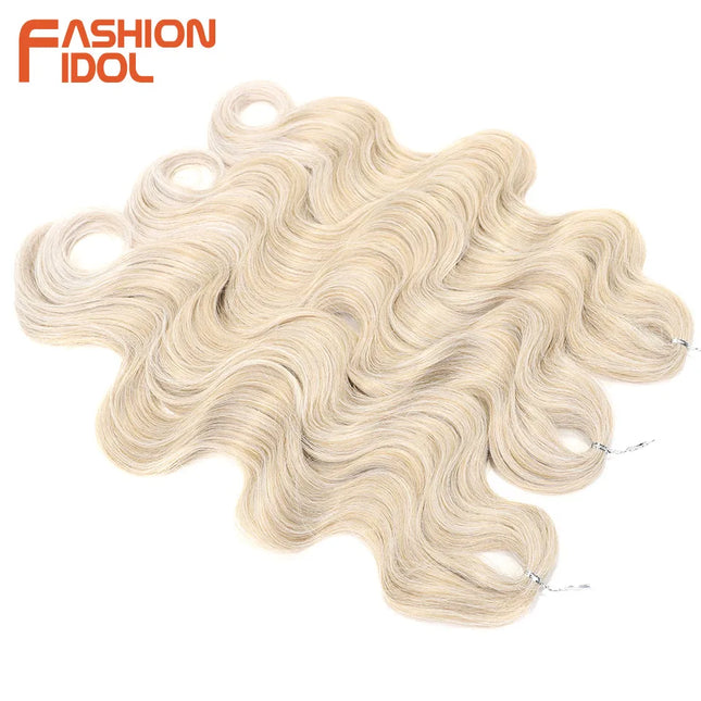 FASHION IDOL Soft Body Wave Crochet Hair 24 Inch 3PCS Synthetic Hair Braids Ponytail Fake Hair Wavy Ombre Blonde Hair Extensions