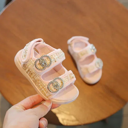 2025 Korean Style Sweet Style Sandals Summer Solid Color Girls Baby Sandals Open Toe Small PU Slipper Shoes Size 21-35