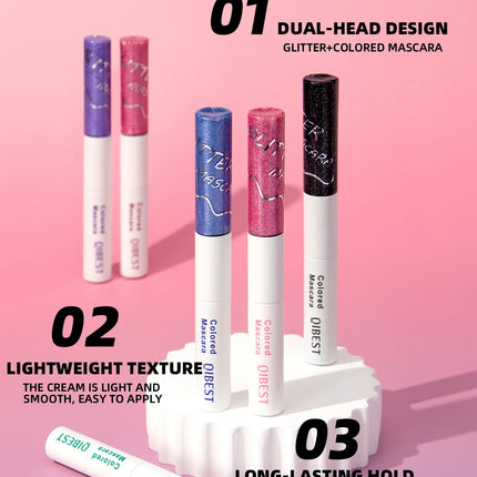 QIBEST Double Headed Diamond Glitter Mascara Long Lasting Colored Mascara Eyelashes Pink Blue Red Voluminous Waterproof Mascara