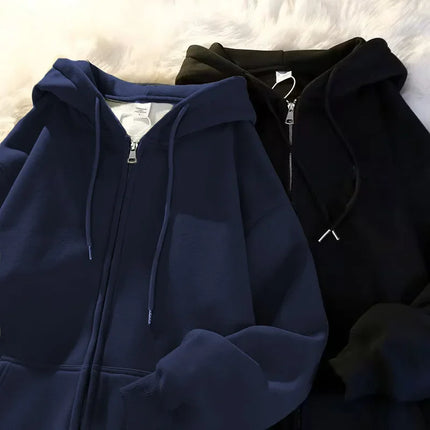 Women's Oversize Hoodie Jacket Thickened Cotton Polyester Zipper Cardigan Fleece Outerwear Lazy Style Solid Color Coat