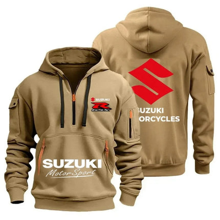 Suzuki Men's Autumn/Winter Hoodie High-Quality Outdoor Motorcycle Sweatshirt with Half-Zip Design And Multiple Pockets