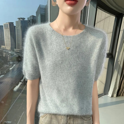 New Knitted Women's 100% mink cashmere short sleeved sweater T-shirt Simple and versatile Women's O-neck pullover FRSEUCAG brand