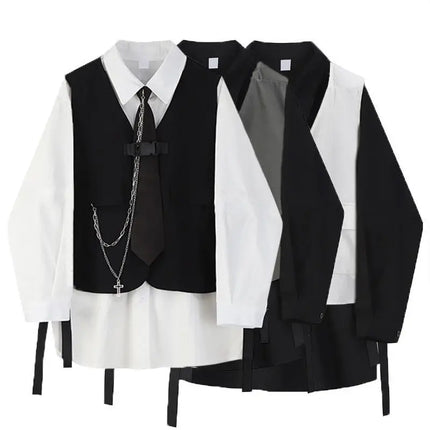 Men Women Gothic Shirt Suit Korean Loose Long-sleeved Blouse Functional Workwear Suit Vest Two-piece Set 2023 Spring Autumn Top