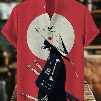Men's short-sleeved shirt with samurai print and stylish ink painting design, summer casual men's top, trendy retro streetwear.