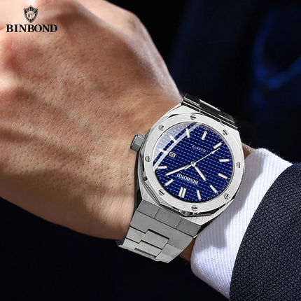 BINBOND Men's Watch Top Brand Royal Casual Men Big Dial Silver Stainless Steel Calendar Quartz Wristwatch Classic Luminous B0233