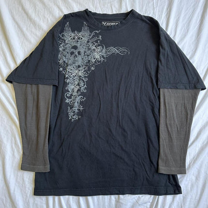 90s Vintage Cross Skull Print Tee Mall Goth Graphic Long Sleeve Patchwork T-Shirt Harajuku Retro Y2k Crop Top Women Streetwear