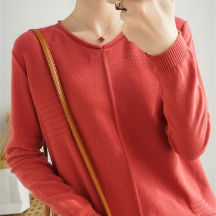2023 Autumn/Winter Women's New Pullover Casual Solid 100% Cotton Knitted V-Neck Loose Sweater Fashion Soft Breathable Top