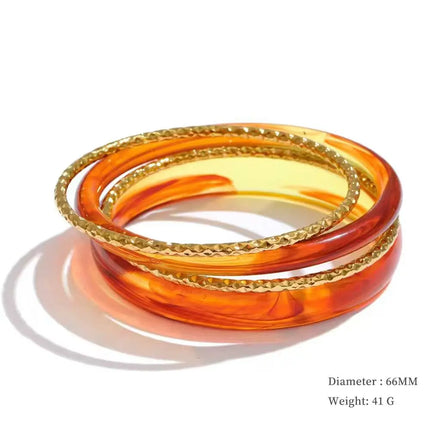 Yhpup 1Set 66mm 3 Round Circle Resin Overlay Minimalist Bracelet Bangle Set 18K Gold Plated Stainless Steel Wrist Trend Jewelry